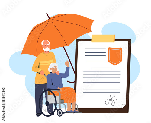 Elderly care insurance protection concept. Vector illustration