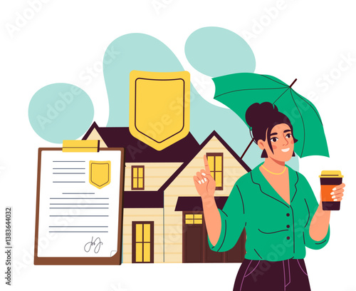 Woman with umbrella near insured house. Vector illustration