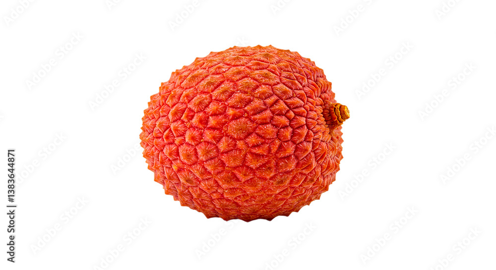 A single lychee fruit with a textured red peel isolated against a stark black background in a studio shot A single lychee fruit with a textured red peel isolated against a stark black background in a studio shot