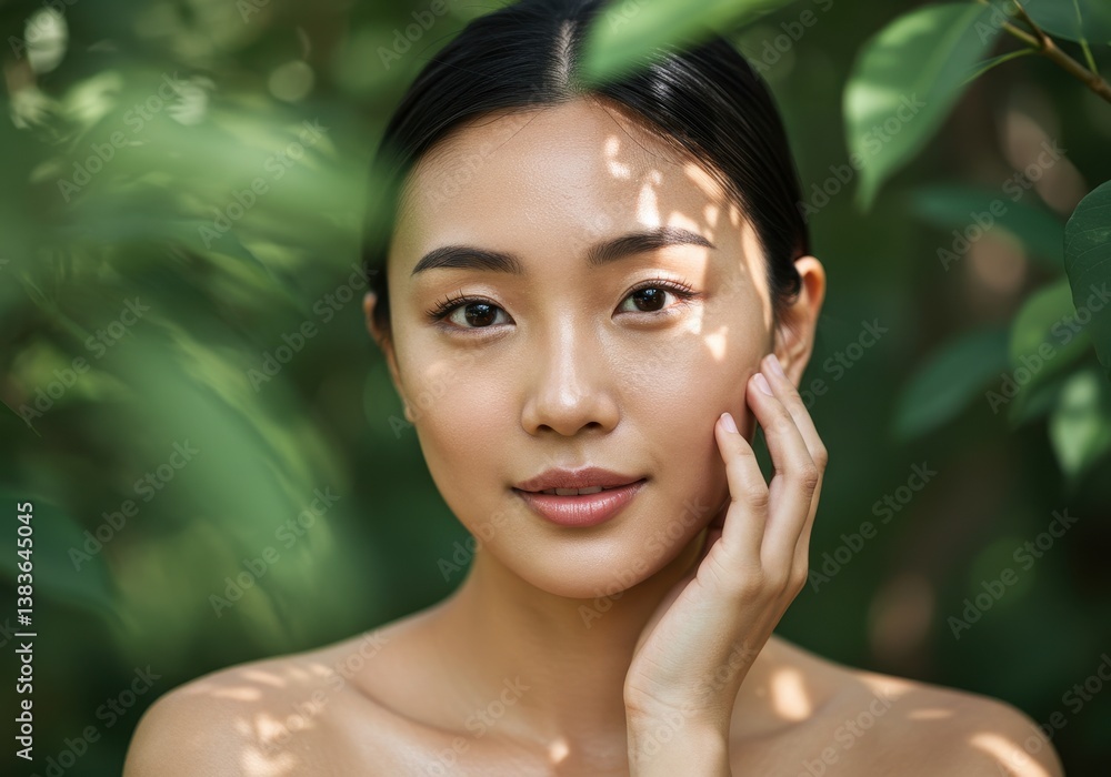 A soft and elegant beauty shot of an Asian woman with dewy skin and subtle makeup and her hand resting gently on her cheek A soft and elegant beauty shot of an Asian woman with dewy skin and subtle makeup and her hand resting gently on her cheek