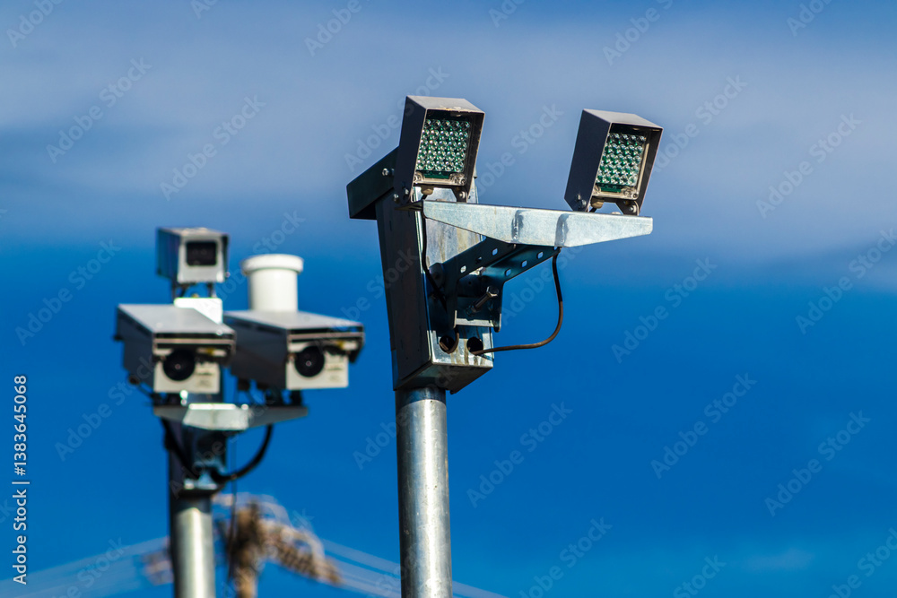 Urban surveillance and traffic monitoring cameras on metal poles in Brazil. Devices help improve public safety, vehicle control, and city management through smart technology.