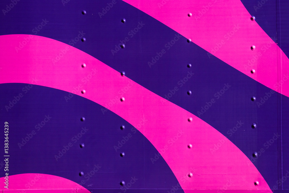 Abstract geometric installation on a metal sheet. Vibrant pink and purple curves, modern aesthetic for background