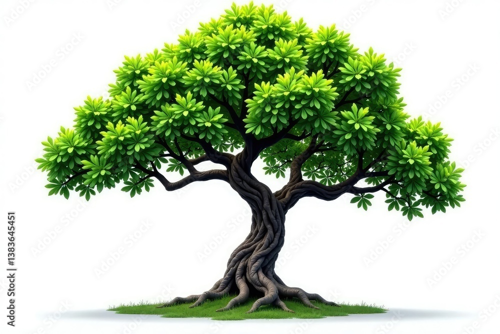 Tree with gnarled branches against a bright white backdrop, green, leafy Tree with gnarled branches against a bright white backdrop, green, leafy