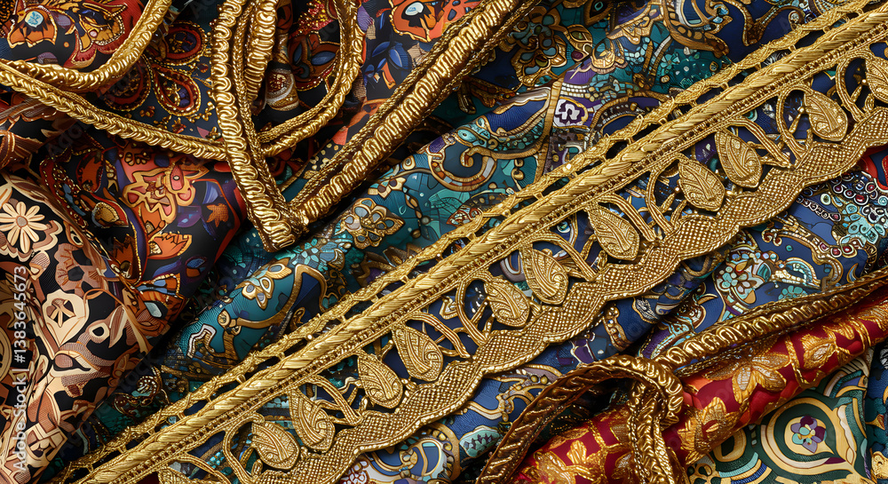 Intricate Fabric with Golden Embroidery Decorative and Ornate Patterns Texture Intricate Fabric with Golden Embroidery Decorative and Ornate Patterns Texture