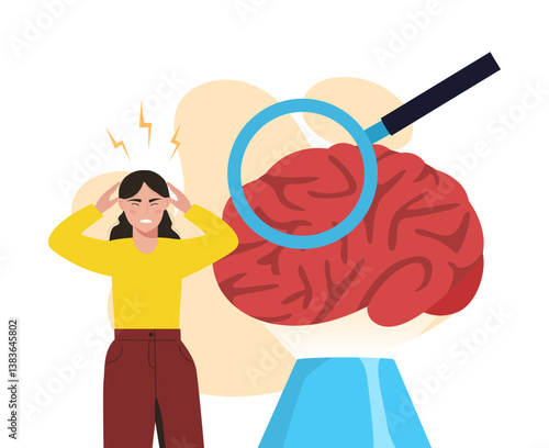 Woman with headache near large brain. Vector illustration
