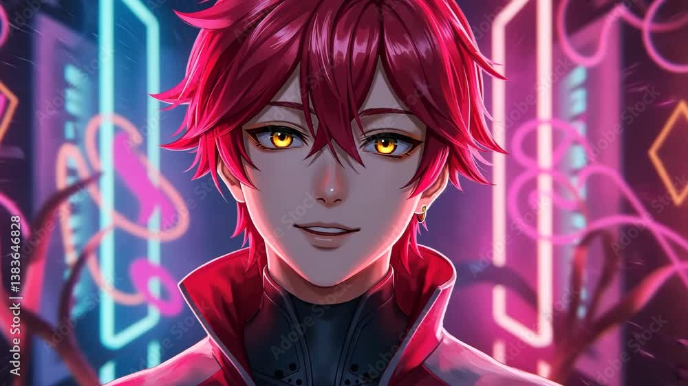 Stylish Portrait of a Young Man with Red Hair and Glowing Eyes Amidst Abstract Neon Lights Digital Creation Stylish Portrait of a Young Man with Red Hair and Glowing Eyes Amidst Abstract Neon Lights Digital Creation