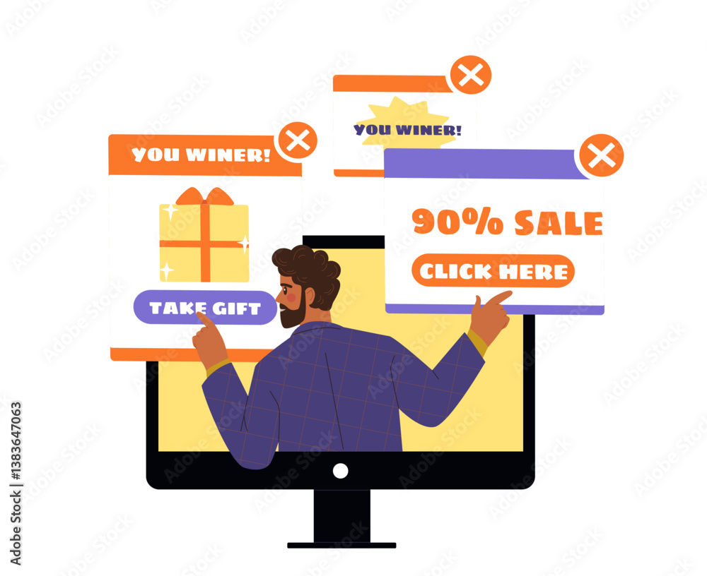 Man clicking fake pop-up ads on screen. Vector illustration Man clicking fake pop-up ads on screen. Vector illustration