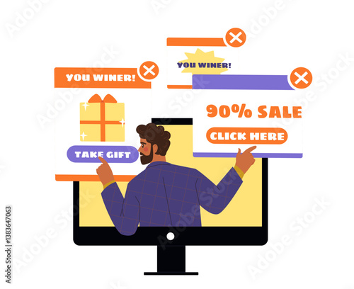 Man clicking fake pop-up ads on screen. Vector illustration