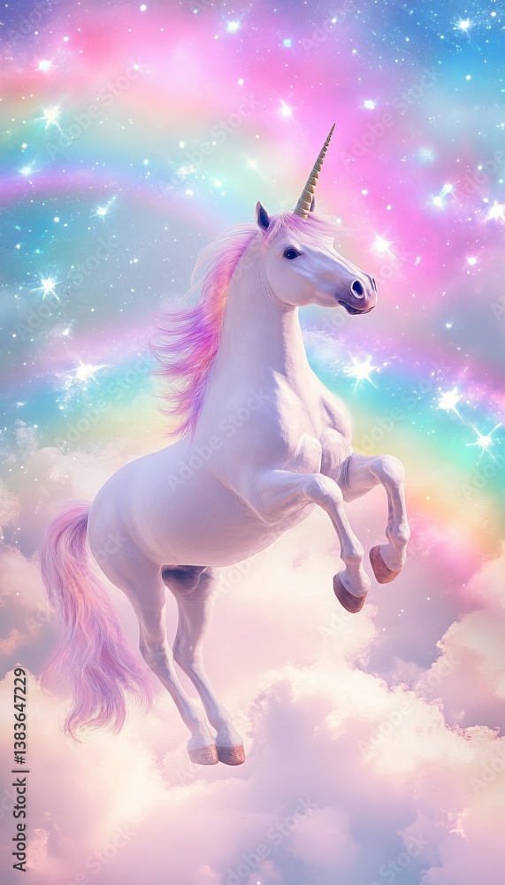 Fototapeta premium Magical unicorn on a cloud surrounded by a vibrant rainbow and sparkling stars in a realistic scene