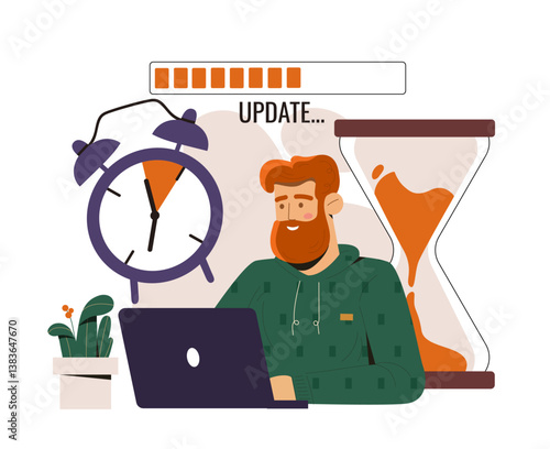 Man waiting during computer update. Vector illustration