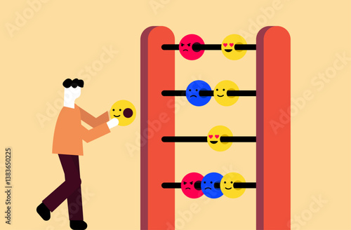 Person controlling emotions in abacus structure, mental health conceptual illustration