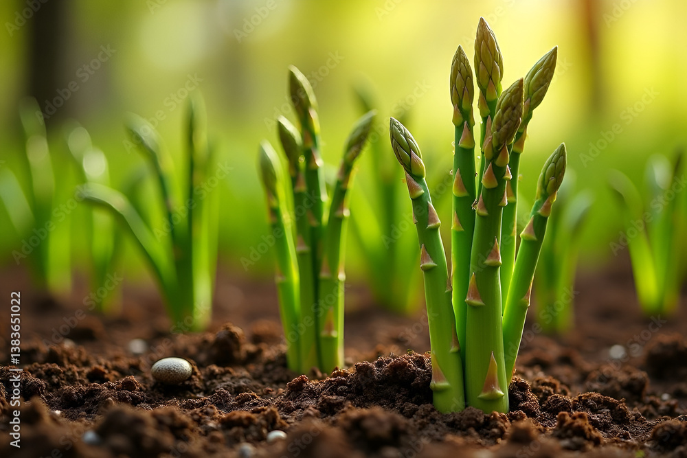 fresh green asparagus spears emerging upright from rich brown soil, natural farmland setting under soft daylight; vibrant stalks with detailed texture, symbolizing spring harvest, organic farming fresh green asparagus spears emerging upright from rich brown soil, natural farmland setting under soft daylight; vibrant stalks with detailed texture, symbolizing spring harvest, organic farming