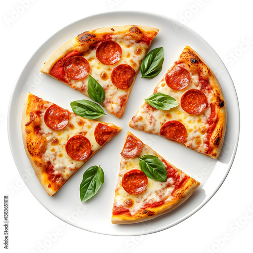 Some slices of pizza on a white plate, pepperoni pizza with cheese, tomato, basil and  some piece of olive, top view 
