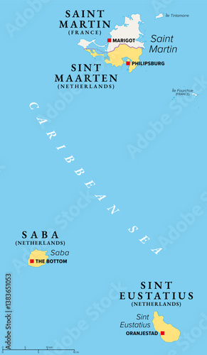 SSS Islands of the Dutch Caribbean, political map. Sint Maarten, Sint Eustatius, and Saba. Also known as Windward Islands located within Leeward Islands group of Lesser Antilles in the Caribbean Sea.
