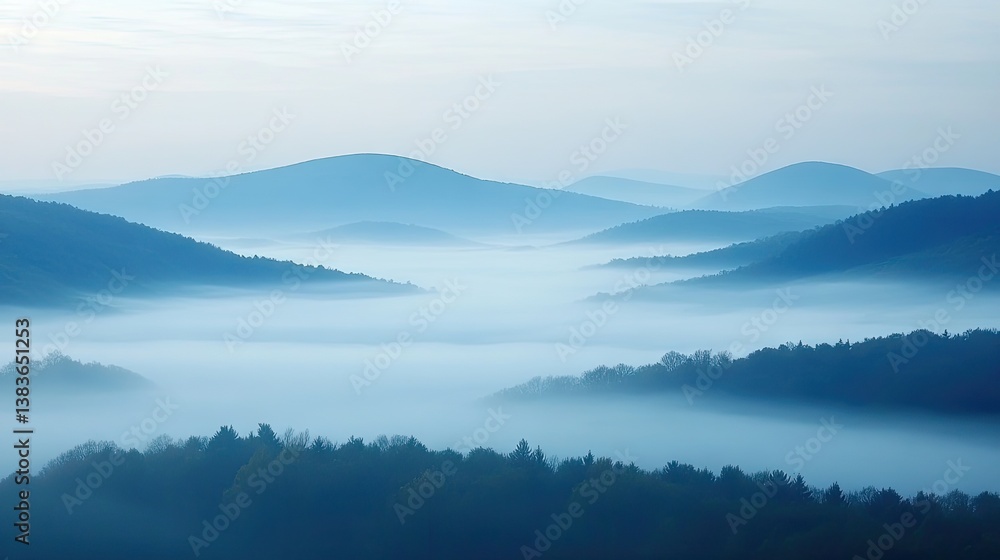 Fototapeta premium Fog rolling over forested mountains at sunrise creating a serene, misty landscape