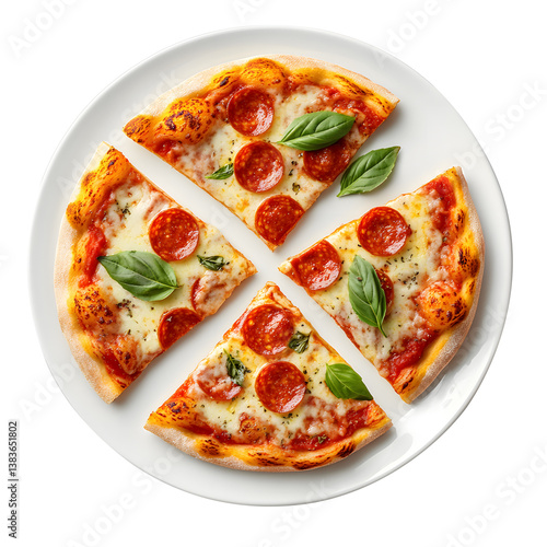 Some slices of pizza on a white plate, pepperoni pizza with cheese, tomato, basil and  some piece of olive, top view 
