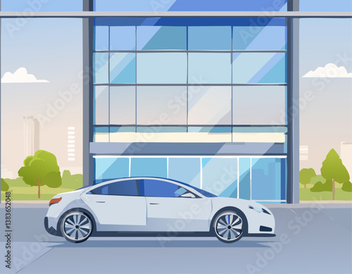 A sleek white car is prominently parked in a welllit showroom that is adorned with numerous expansive windows allowing natural light to pour in