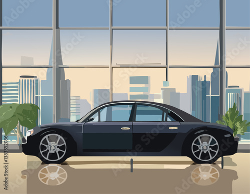 A sleek black car, which is currently parked in front of an impressively large window, is showcasing its elegant design and remarkable sophistication in style