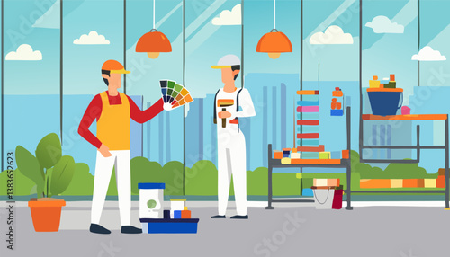 A detailed pixel art illustration showcasing a hardworking construction worker who is holding a vibrant palette of paint, ready for his task