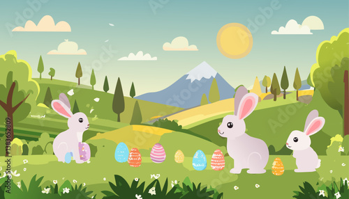This pixel art illustration depicts a charming scene featuring three adorable rabbits alongside colorful Easter eggs nestled within a vibrant field