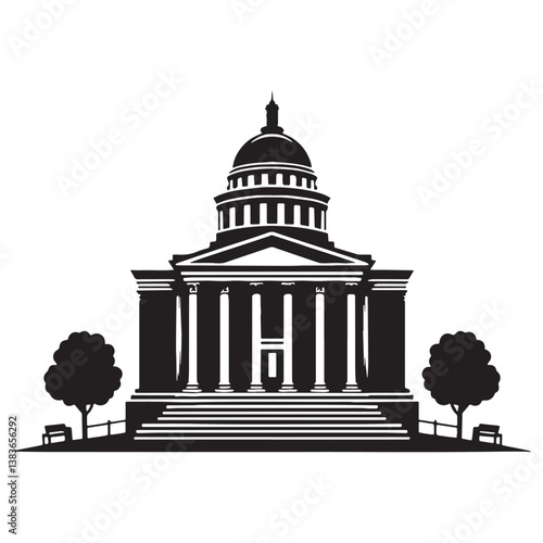 Architectural Courthouse silhouette, highlighting impressive columns and legal elegance – Courthouse illustration – Courthouse vector – Legislative building silhouette

