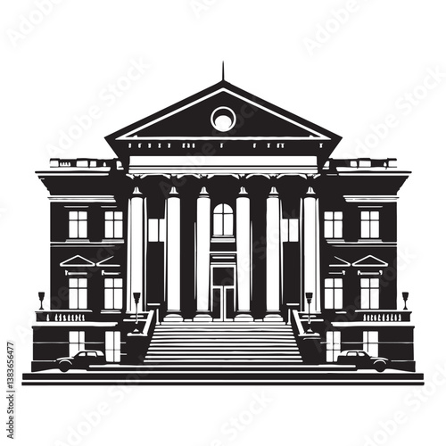 Sculpted Courthouse silhouette, representing architectural strength and legal authority – Courthouse illustration – Courthouse vector – Judicial monument silhouette

