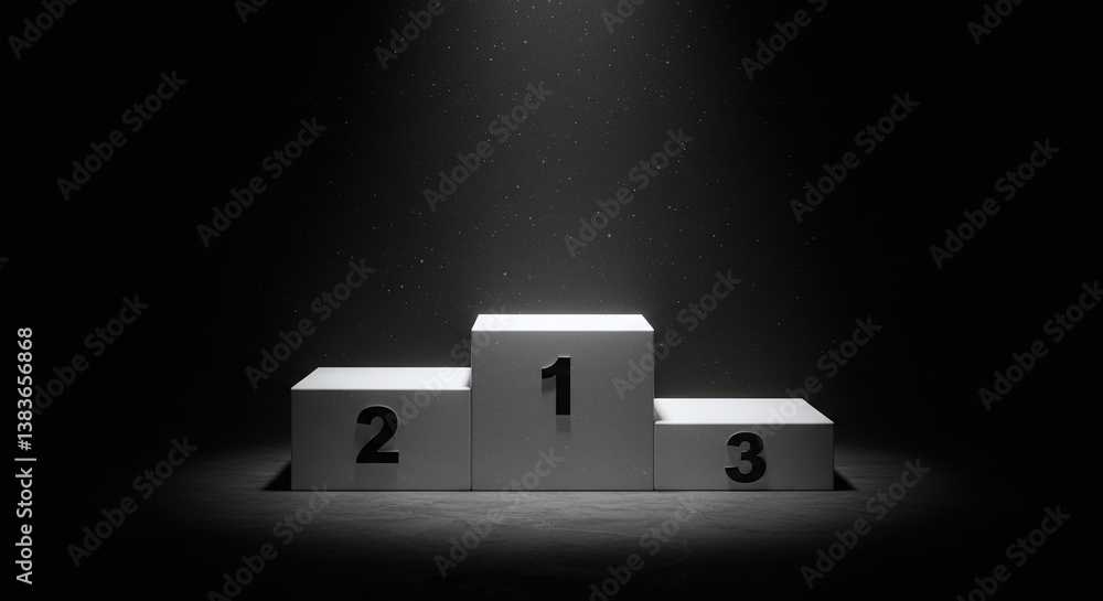 Fototapeta premium A podium with three steps with the numbers 1, 2, and 3 displayed on each step, symbolizing the top three positions of an event. The podium is spotlighted against a dark backdrop.