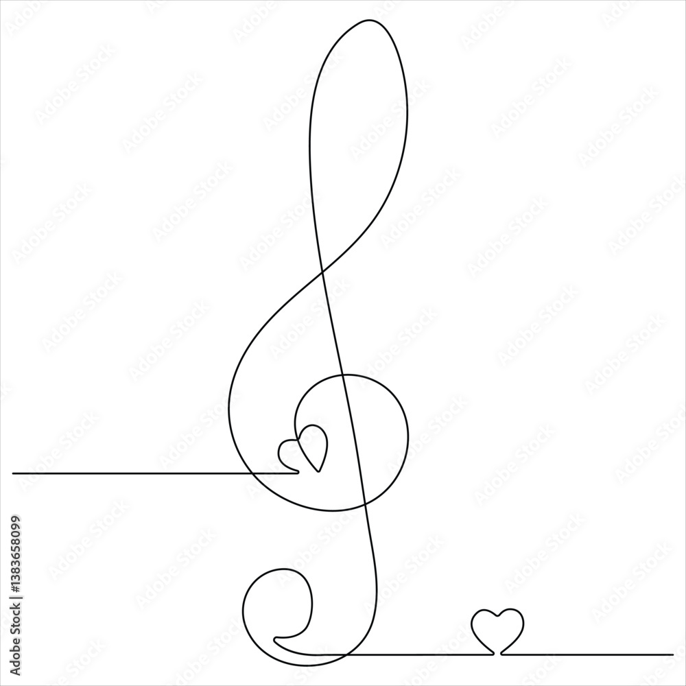 Treble clef music continuous oneline drawing vector illustration