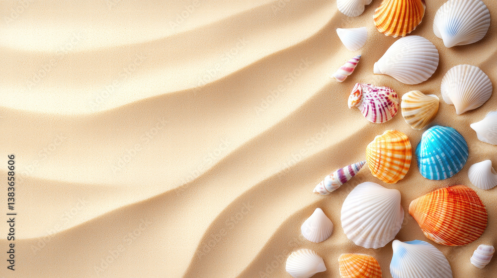 Colorful seashells scattered on sandy beach create serene summer vibe Colorful seashells scattered on sandy beach create serene summer vibe