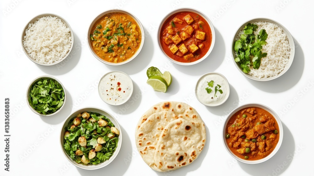 Culinary Delight: A Top-Down Composition of Diverse Indian Dishes, each in its own bowl, presenting a colorful feast for the senses. Culinary Delight: A Top-Down Composition of Diverse Indian Dishes, each in its own bowl, presenting a colorful feast for the senses.