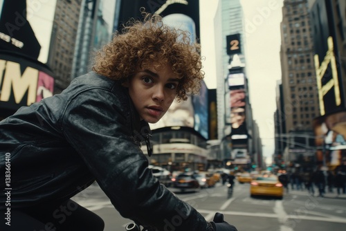 Dynamic portrait of a young cyclist in Times Square, captured with a unique perspective, showcasing the urban energy and iconic landmarks of New York City.