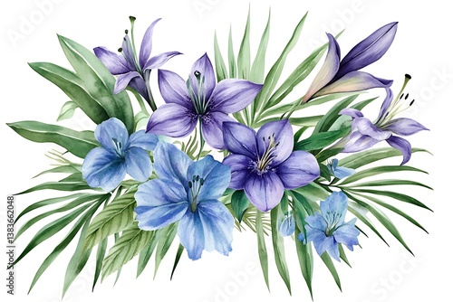 Watercolor Floral Composition – Purple & Blue Orchids, Lilies, Agapanthus with Palm Leaves