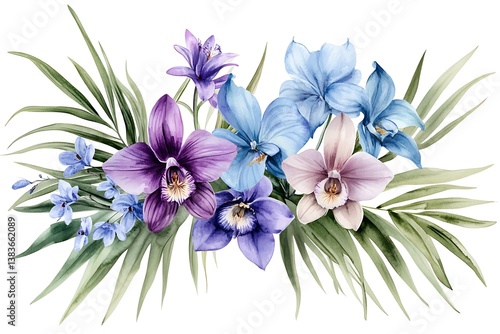 Watercolor Floral Composition – Purple & Blue Orchids, Lilies, Agapanthus with Palm Leaves