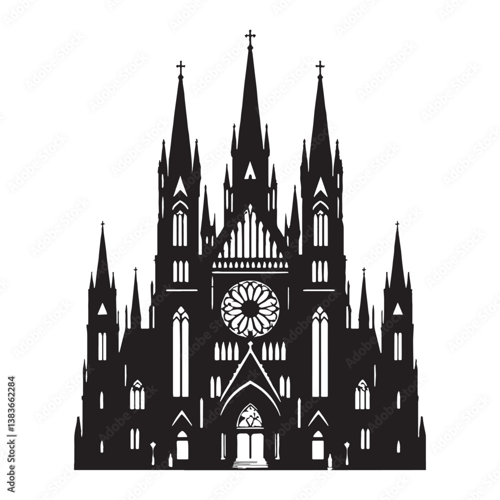 Fototapeta premium Breathtaking Gothic Cathedral silhouette, symbolizing the artistry and faith of the Middle Ages – Gothic cathedral illustration – Gothic cathedral vector – Spiritual building silhouette