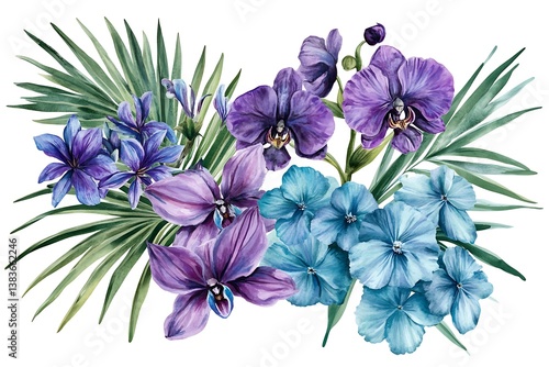 Watercolor Floral Composition – Purple & Blue Orchids, Lilies, Agapanthus with Palm Leaves