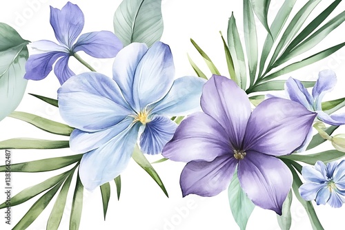 Watercolor Floral Composition – Purple & Blue Orchids, Lilies, Agapanthus with Palm Leaves