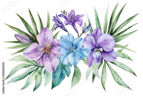 Watercolor Floral Composition – Purple & Blue Orchids, Lilies, Agapanthus with Palm Leaves