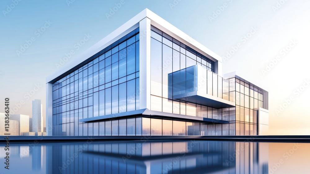 Fototapeta premium Modern glass office building sunrise city reflection