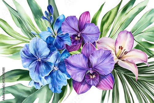 Watercolor Floral Composition – Purple & Blue Orchids, Lilies, Agapanthus with Palm Leaves