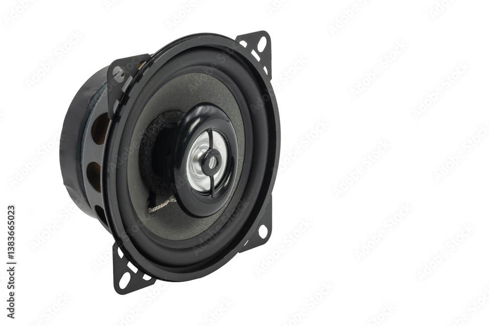 Closeup view of a high-fidelity speaker showcasing design and craftsmanship Closeup view of a high-fidelity speaker showcasing design and craftsmanship