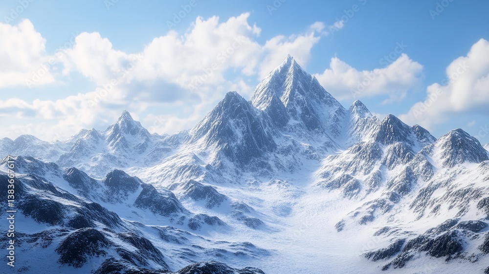 Majestic snow capped mountain range under a vibrant blue sky winter wonderland scene with breathtaking peaks and fluffy clouds Majestic snow capped mountain range under a vibrant blue sky winter wonderland scene with breathtaking peaks and fluffy clouds