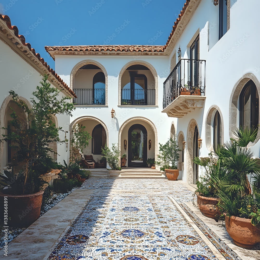 Naklejka premium Mediterranean Style Courtyard with Ornate Tile Pathway White Walls and Lush Greenery