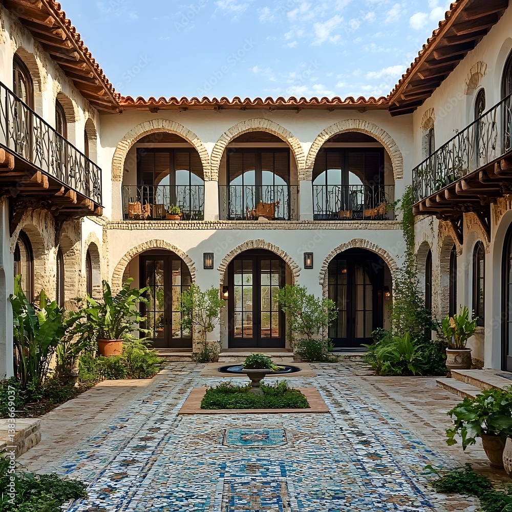 Naklejka premium Mediterranean Courtyard with Ornate Tilework Stone Walls and Balconies