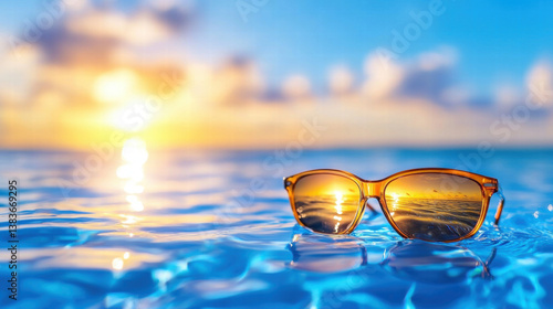 Wallpaper Mural Sunglasses resting on water, reflecting beautiful sunset over ocean Torontodigital.ca