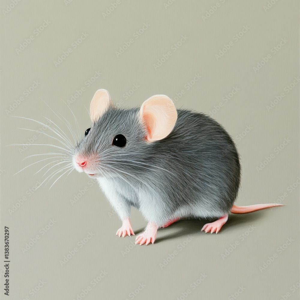 A cute, grey mouse stands on a smooth, light-colored surface.