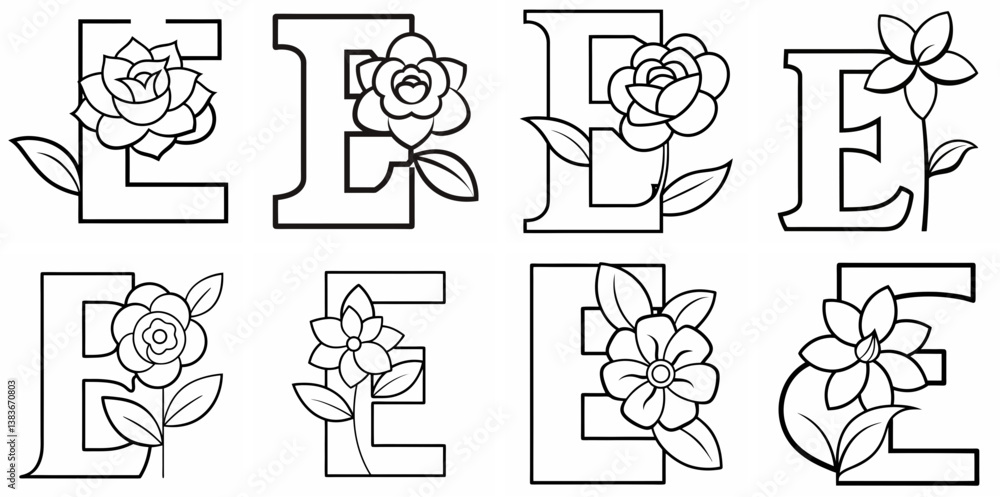 Obraz premium Alphabet E with Flower Outline Coloring Book Page Line Art Drawing Set White Background