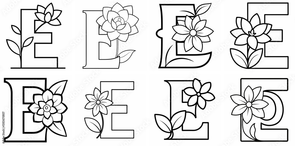 Obraz premium Alphabet E with Flower Outline Coloring Book Page Line Art Drawing Set White Background