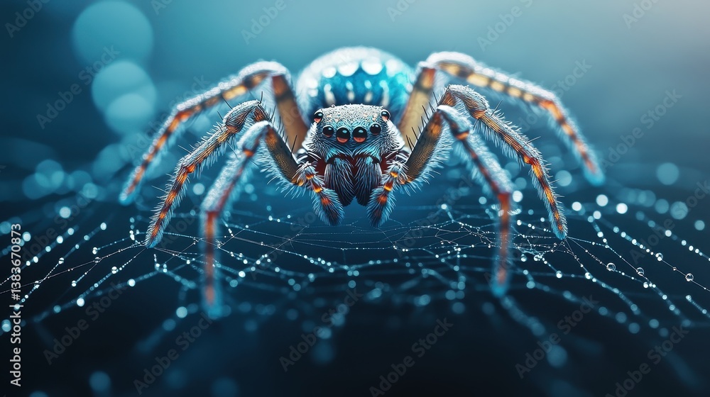 A detailed macro image of a spider on a digital web background. A detailed macro image of a spider on a digital web background.