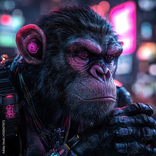 Wallpaper Mural A futuristic ape character contemplating in a vibrant urban setting. Torontodigital.ca