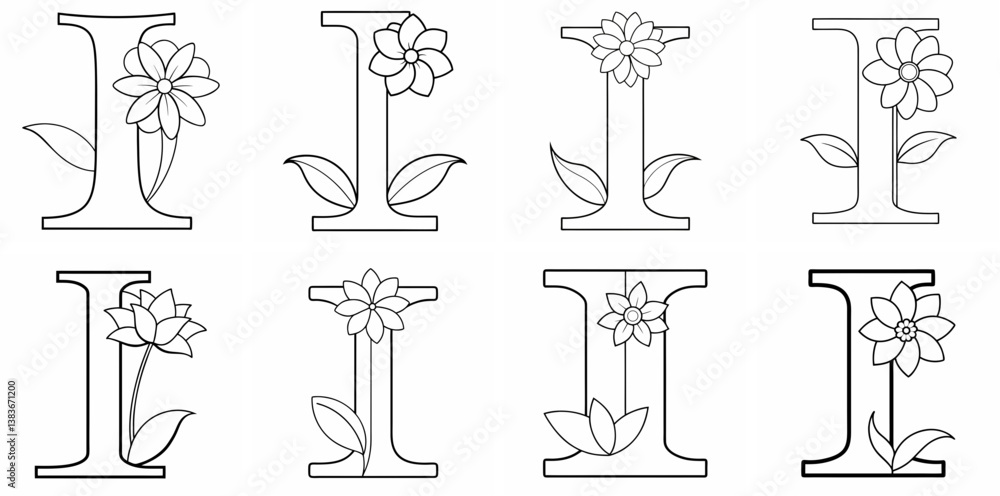 Fototapeta premium Alphabet I with Flower Outline Coloring Book Page Line Art Drawing Set White Background